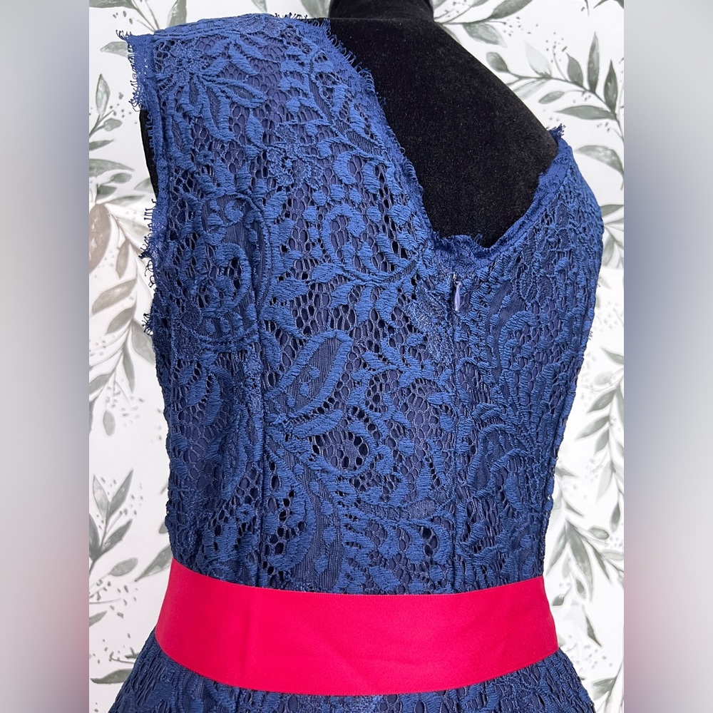 Retro Vintage Navy Blue Lace Sleeveless Dress Vibrant Red Satin Sash Size M #D - Picture 9 of 11